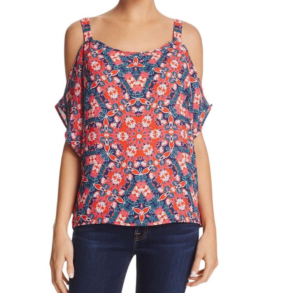 AQUA - Coral & Blue Floral Cutout Top - Women